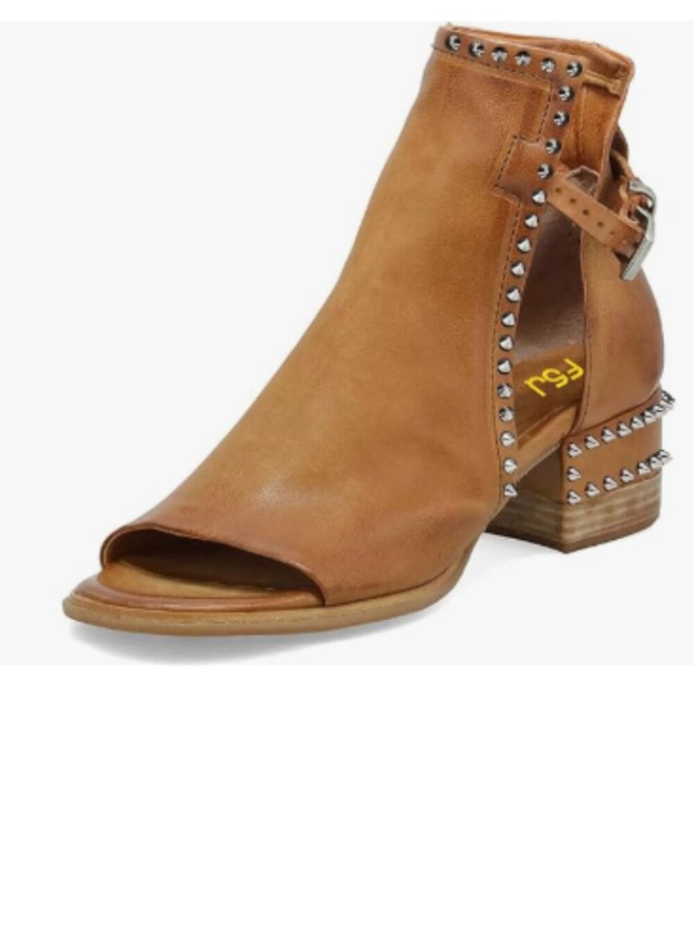FSJ Brown Rivets Peep Toe Cutout Buckle Ankle Boot Chunky Low Heel Sandal